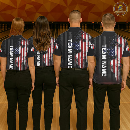 Bowling team wearing matching personalized vintage smoke American flag bowling team jerseys, back view.