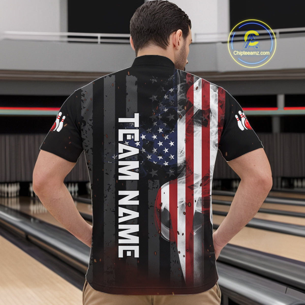 Man wearing personalized vintage smoke American flag bowling team jersey quarter zip shirt featuring patriotic USA flag artwork, back view.