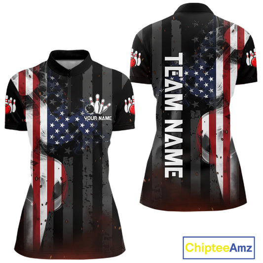 Personalized vintage smoke American flag bowling team jersey polo shirt for women featuring distressed USA flag and smoky vintage artwork, premium patriotic bowling league apparel.