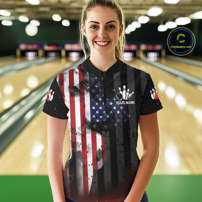 Woman wearing personalized vintage smoke American flag bowling team jersey quarter zip shirt featuring patriotic USA flag artwork, front view.