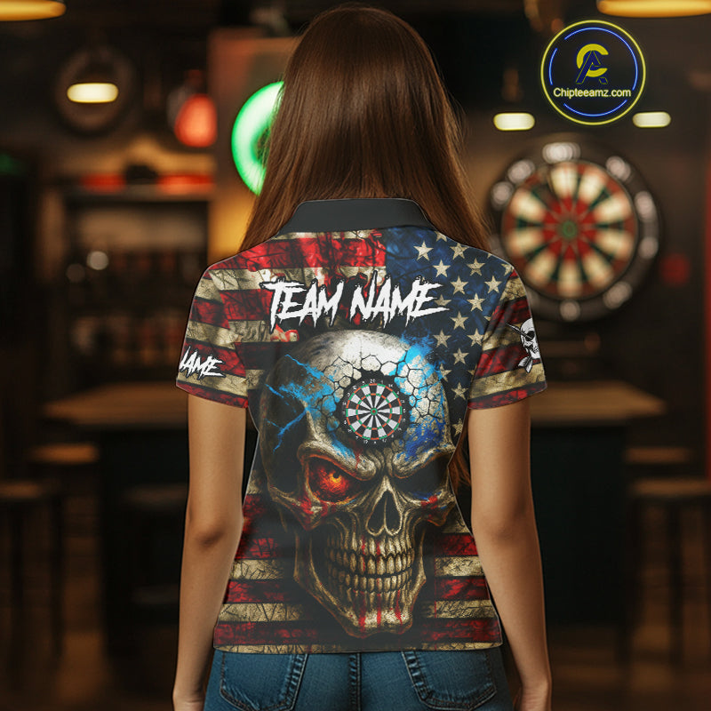 Personalized Vintage American Flag Skull Darts Shirt For Women, Patriotic Darts League Team Jersey TDM4708