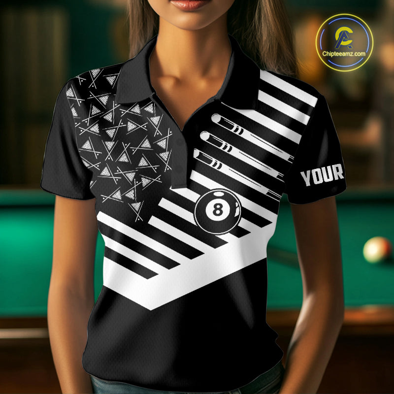 Black American Flag 8 Ball Billiard Pool Shirts For Women Custom Patriotic Billiard Team Jersey TDM7712