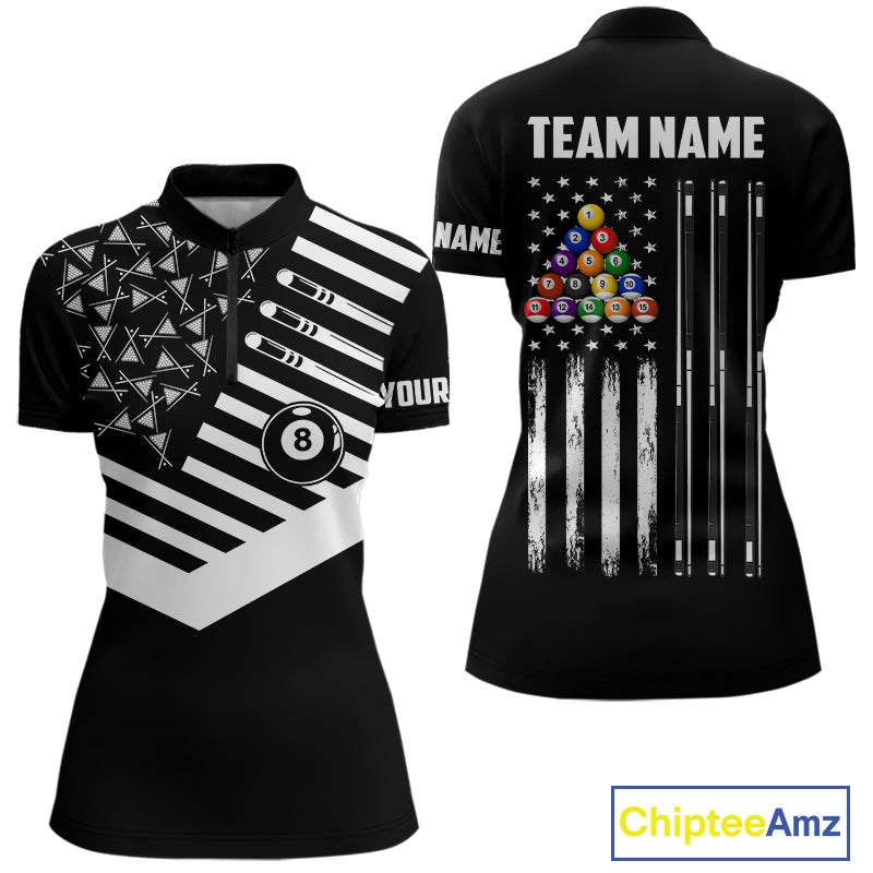 Black American Flag 8 Ball Billiard Pool Shirts For Women Custom Patriotic Billiard Team Jersey TDM7712