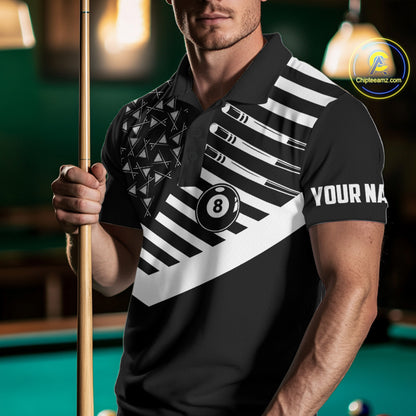Black American Flag 8 Ball Billiard Jersey For Men Custom Patriotic Billiard Team Shirts Polo, 1/4 Zip TDM7713