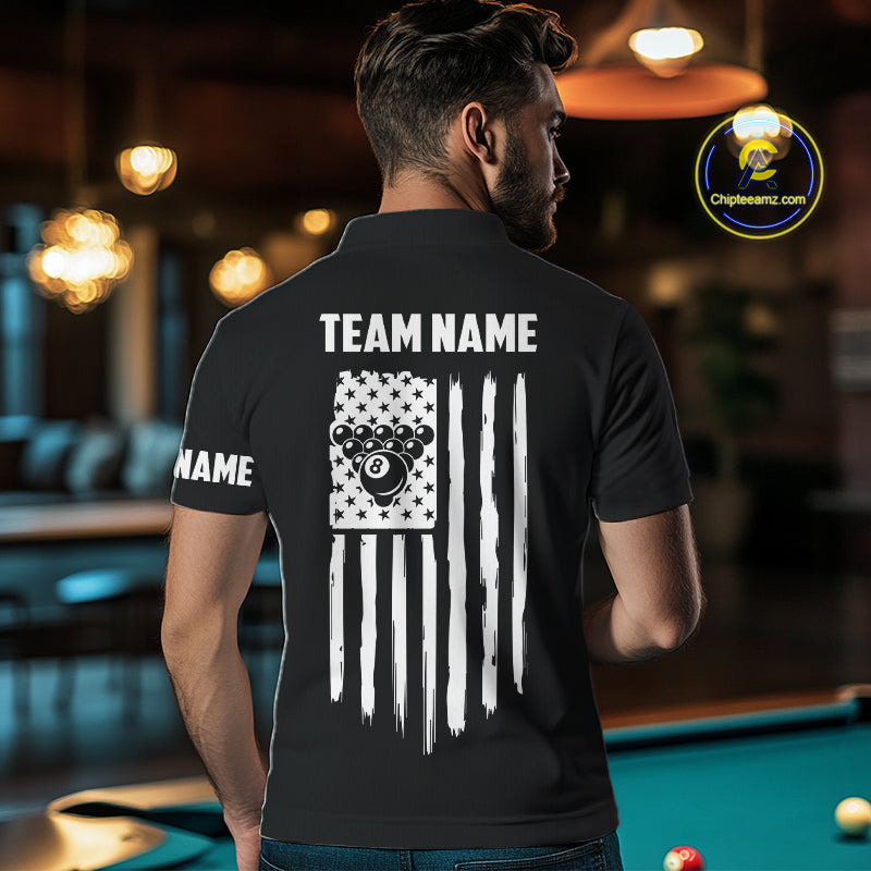 Black American Flag 8 Ball Billiard Jersey For Men Custom Patriotic Billiard Team Shirts Polo, 1/4 Zip TDM7713