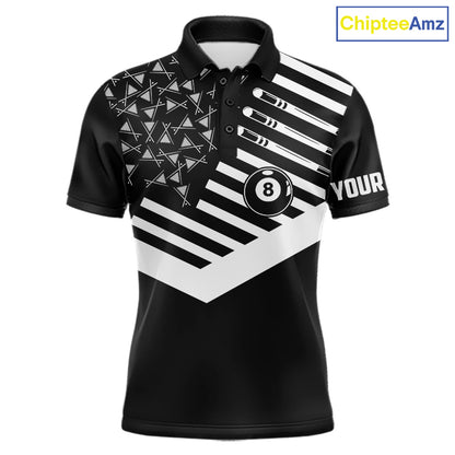 Black American Flag 8 Ball Billiard Jersey For Men Custom Patriotic Billiard Team Shirts Polo, 1/4 Zip TDM7713