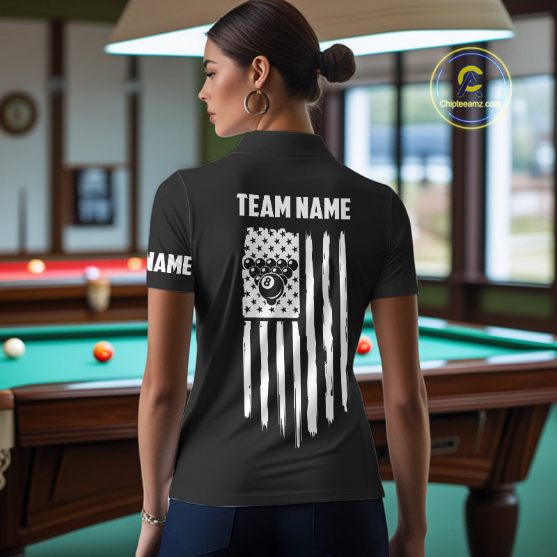 Black American Flag 8 Ball Billiard Jersey For Women Custom Patriotic Billiard Team Shirts Polo, 1/4 Zip TDM7713