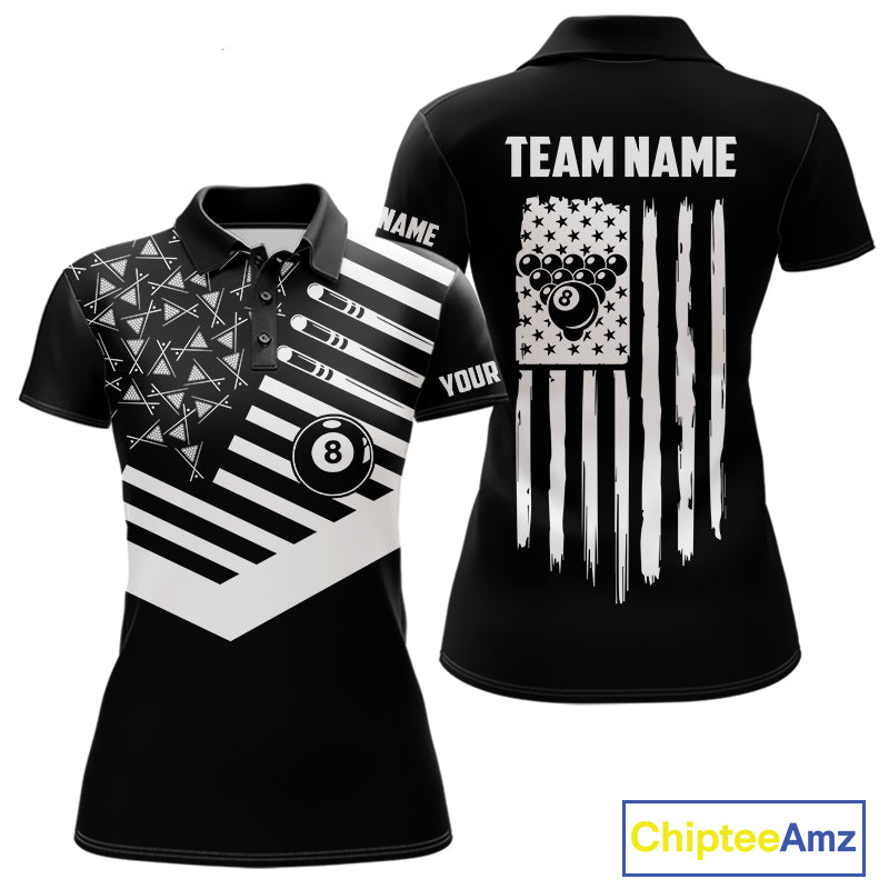 Black American Flag 8 Ball Billiard Jersey For Women Custom Patriotic Billiard Team Shirts Polo, 1/4 Zip TDM7713