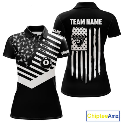 Black American Flag 8 Ball Billiard Jersey For Women Custom Patriotic Billiard Team Shirts Polo, 1/4 Zip TDM7713