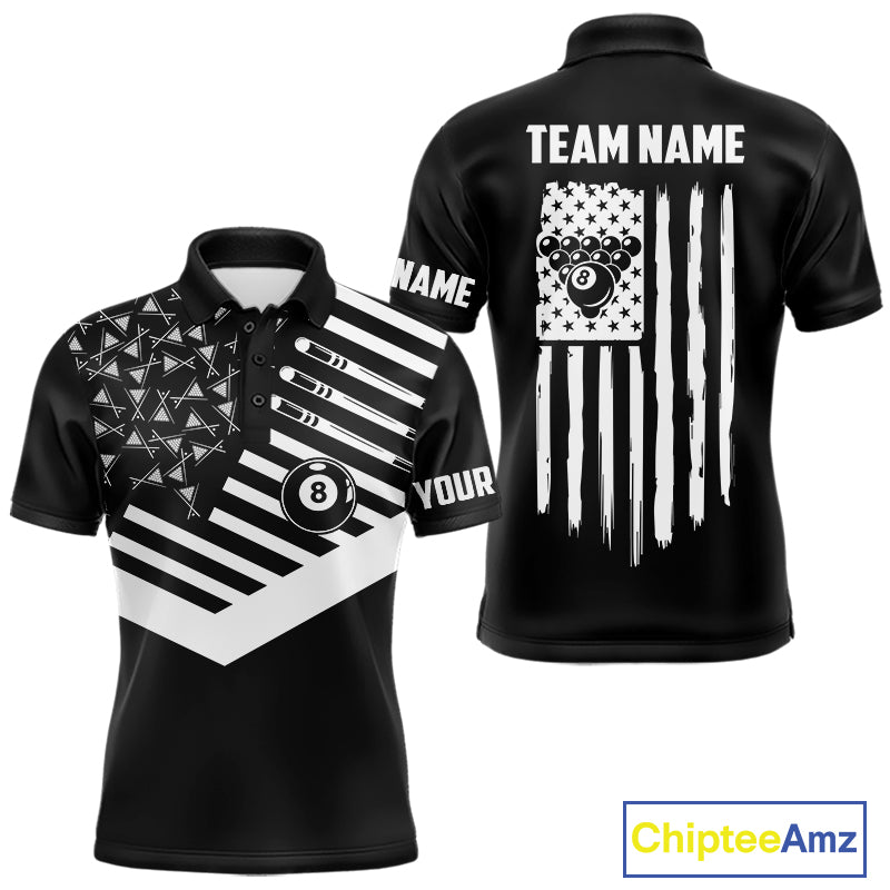 Black American Flag 8 Ball Billiard Jersey For Men Custom Patriotic Billiard Team Shirts Polo, 1/4 Zip TDM7713