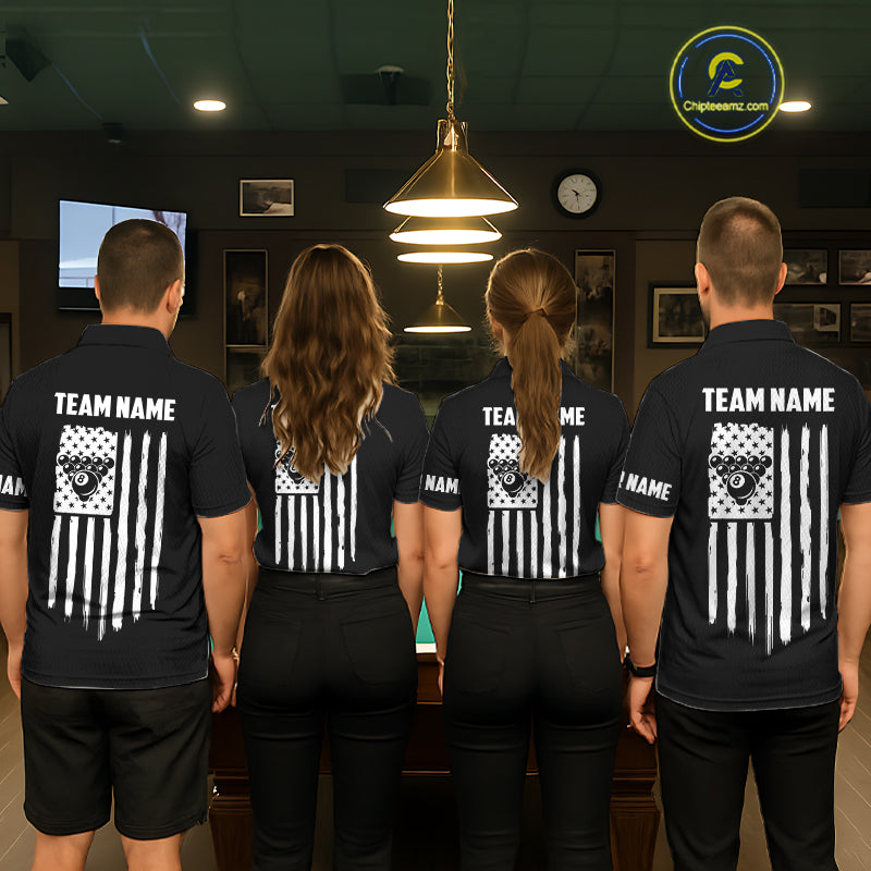 Black American Flag 8 Ball Billiard Jersey For Men Custom Patriotic Billiard Team Shirts Polo, 1/4 Zip TDM7713