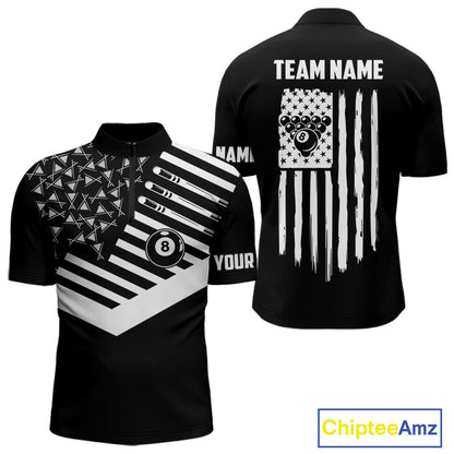 Black American Flag 8 Ball Billiard Jersey For Men Custom Patriotic Billiard Team Shirts Polo, 1/4 Zip TDM7713