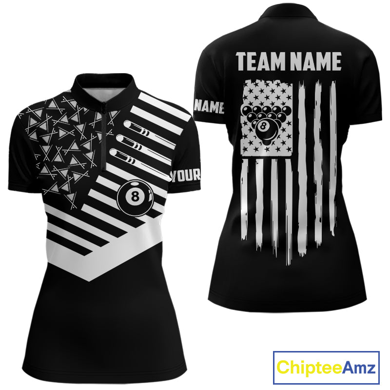 Black American Flag 8 Ball Billiard Jersey For Women Custom Patriotic Billiard Team Shirts Polo, 1/4 Zip TDM7713