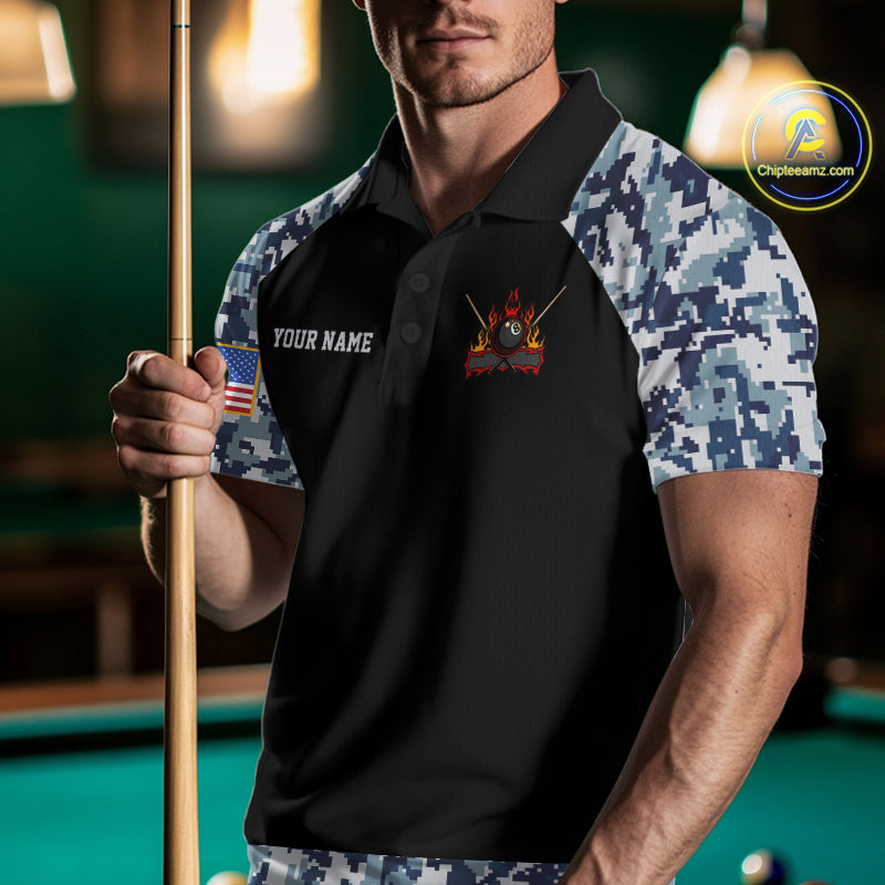 Personalized Blue Camo US Flag Billiard Shirts For Men Custom Pool Team Jersey Polo & Quarter Zip TDM7714