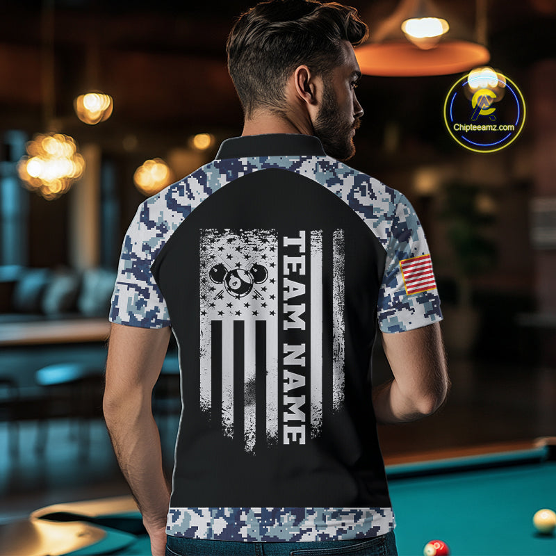 Personalized Blue Camo US Flag Billiard Shirts For Men Custom Pool Team Jersey Polo & Quarter Zip TDM7714