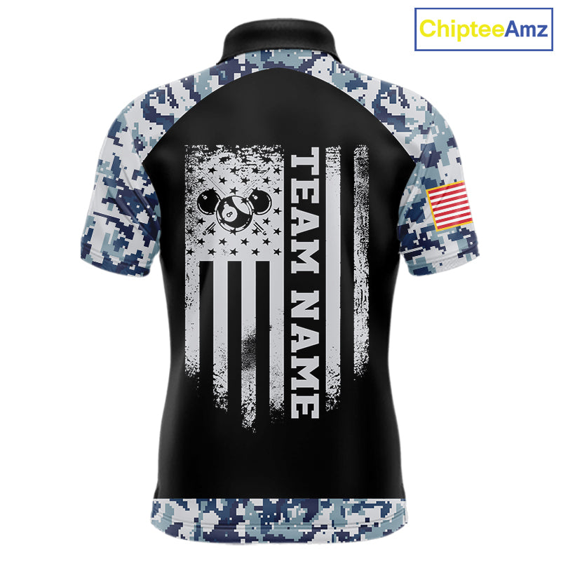 Personalized Blue Camo US Flag Billiard Shirts For Men Custom Pool Team Jersey Polo & Quarter Zip TDM7714