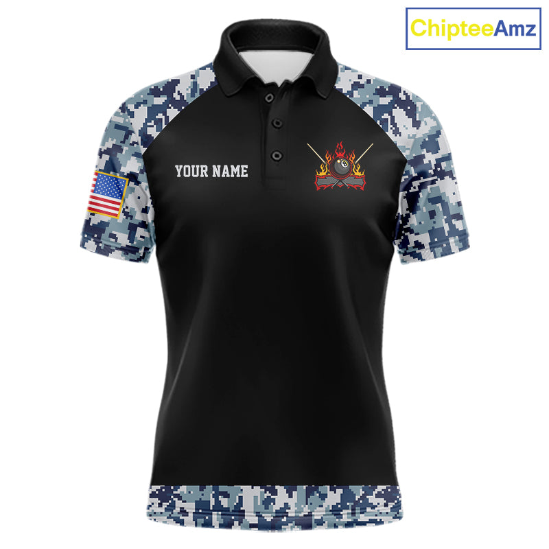 Personalized Blue Camo US Flag Billiard Shirts For Men Custom Pool Team Jersey Polo & Quarter Zip TDM7714