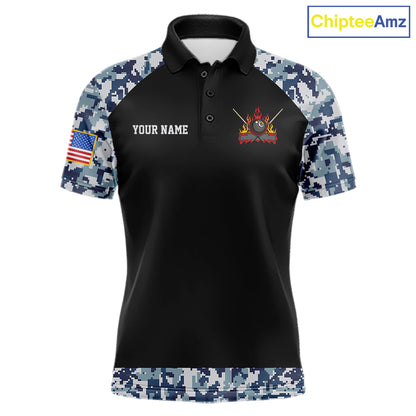 Personalized Blue Camo US Flag Billiard Shirts For Men Custom Pool Team Jersey Polo & Quarter Zip TDM7714