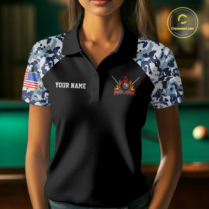 Personalized Blue Camo US Flag Billiard Shirts For Women Custom Pool Team Jersey Polo & Quarter Zip TDM7714