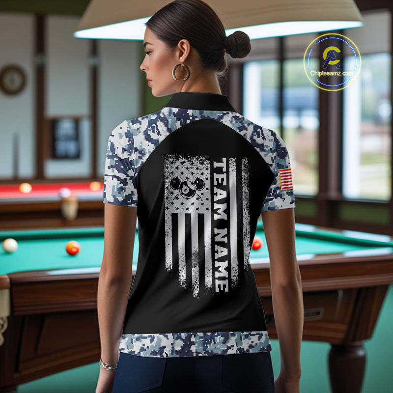 Personalized Blue Camo US Flag Billiard Shirts For Women Custom Pool Team Jersey Polo & Quarter Zip TDM7714