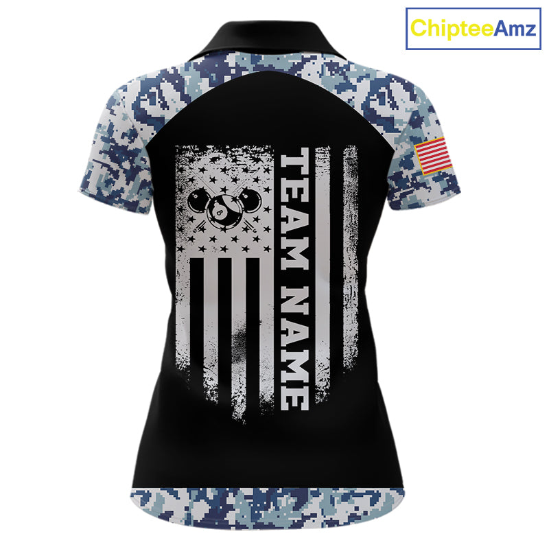 Personalized Blue Camo US Flag Billiard Shirts For Women Custom Pool Team Jersey Polo & Quarter Zip TDM7714