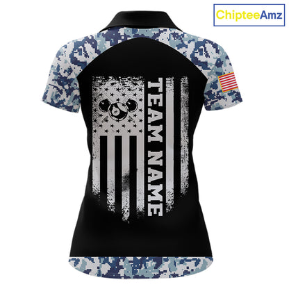 Personalized Blue Camo US Flag Billiard Shirts For Women Custom Pool Team Jersey Polo & Quarter Zip TDM7714