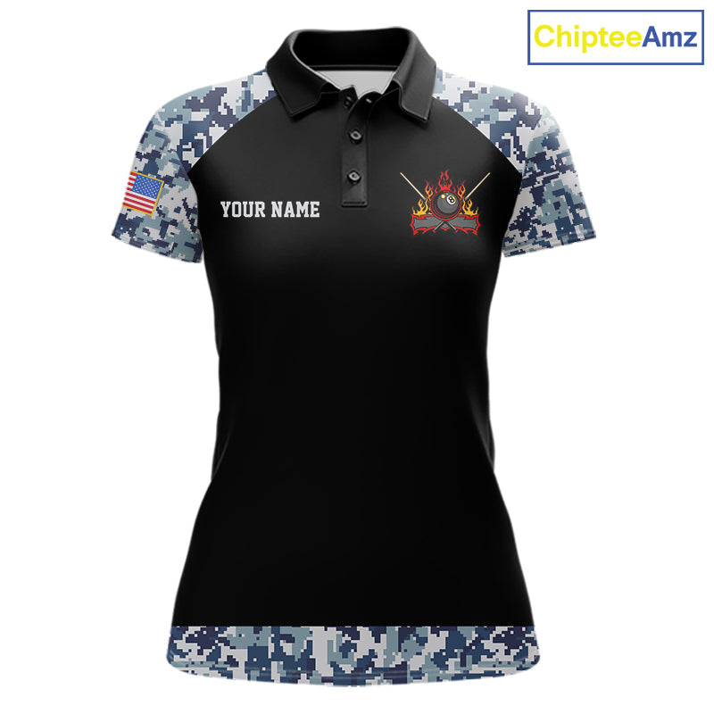 Personalized Blue Camo US Flag Billiard Shirts For Women Custom Pool Team Jersey Polo & Quarter Zip TDM7714