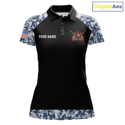 Personalized Blue Camo US Flag Billiard Shirts For Women Custom Pool Team Jersey Polo & Quarter Zip TDM7714