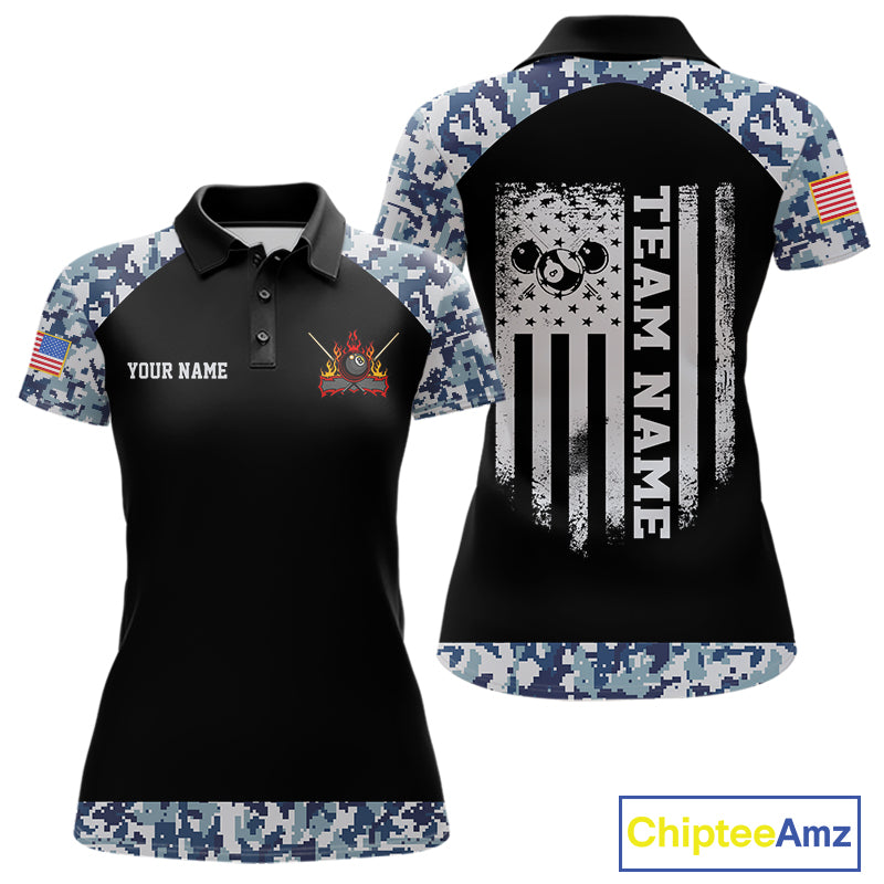 Personalized Blue Camo US Flag Billiard Shirts For Women Custom Pool Team Jersey Polo & Quarter Zip TDM7714