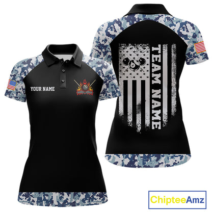 Personalized Blue Camo US Flag Billiard Shirts For Women Custom Pool Team Jersey Polo & Quarter Zip TDM7714