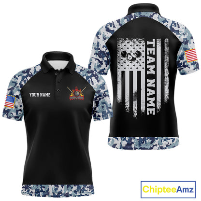 Personalized Blue Camo US Flag Billiard Shirts For Men Custom Pool Team Jersey Polo & Quarter Zip TDM7714