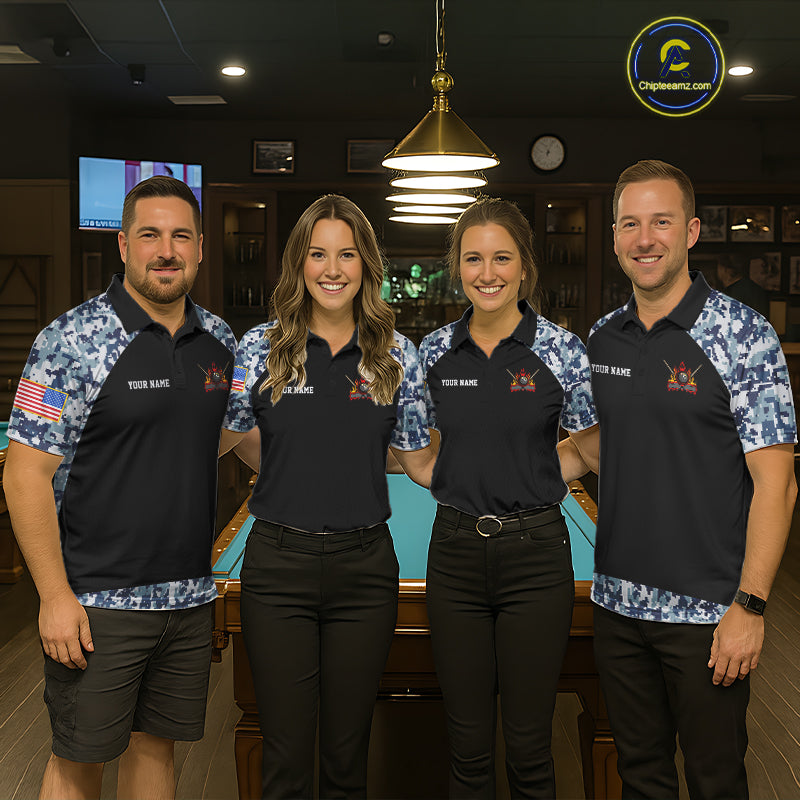 Personalized Blue Camo US Flag Billiard Shirts For Men Custom Pool Team Jersey Polo & Quarter Zip TDM7714