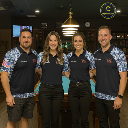 Personalized Blue Camo US Flag Billiard Shirts For Men Custom Pool Team Jersey Polo & Quarter Zip TDM7714