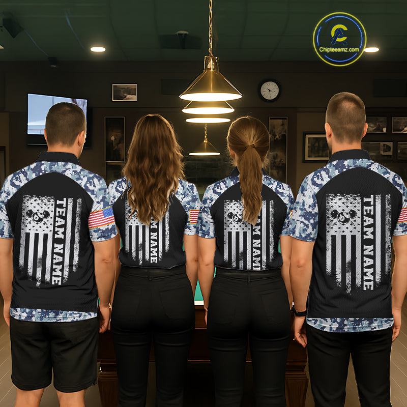 Personalized Blue Camo US Flag Billiard Shirts For Men Custom Pool Team Jersey Polo & Quarter Zip TDM7714