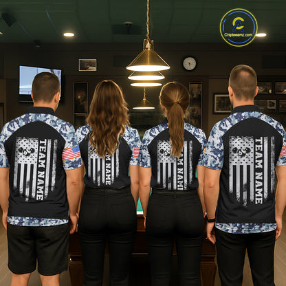 Personalized Blue Camo US Flag Billiard Shirts For Men Custom Pool Team Jersey Polo & Quarter Zip TDM7714