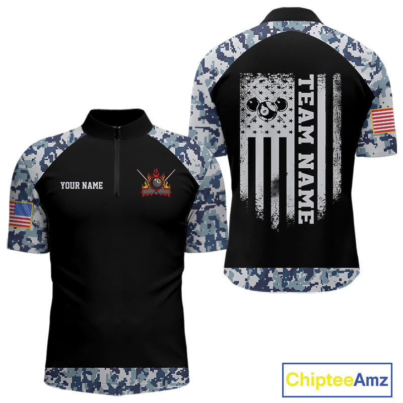 Personalized Blue Camo US Flag Billiard Shirts For Men Custom Pool Team Jersey Polo & Quarter Zip TDM7714