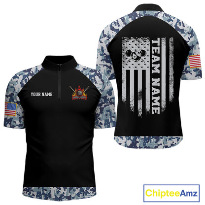 Personalized Blue Camo US Flag Billiard Shirts For Men Custom Pool Team Jersey Polo & Quarter Zip TDM7714