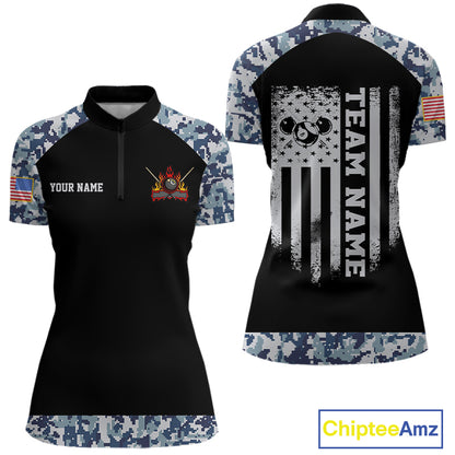 Personalized Blue Camo US Flag Billiard Shirts For Women Custom Pool Team Jersey Polo & Quarter Zip TDM7714