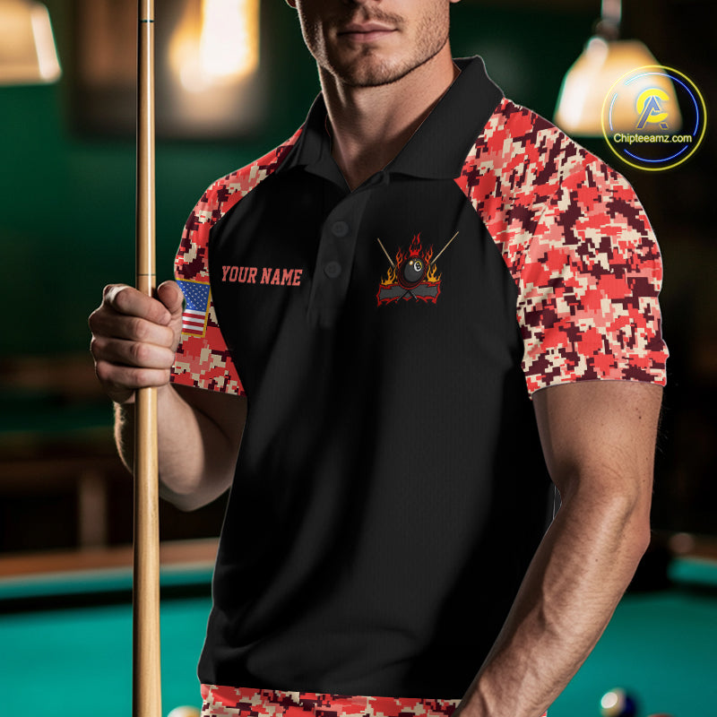 Personalized Red Camo US Flag Billiard Shirts For Men Custom Pool Team Jersey Polo & Quarter Zip TDM7715
