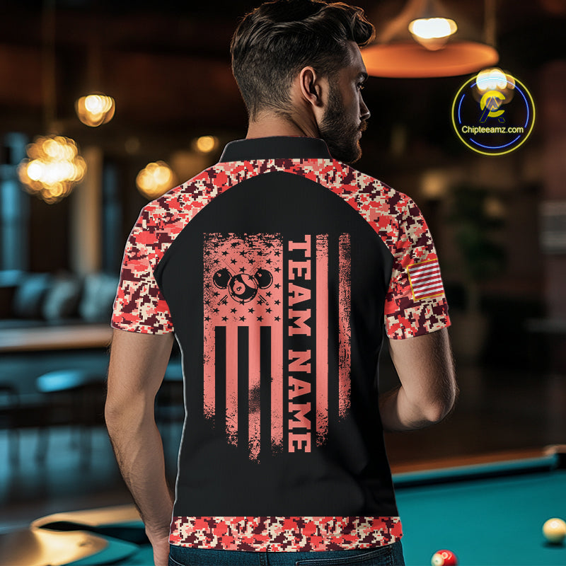 Personalized Red Camo US Flag Billiard Shirts For Men Custom Pool Team Jersey Polo & Quarter Zip TDM7715