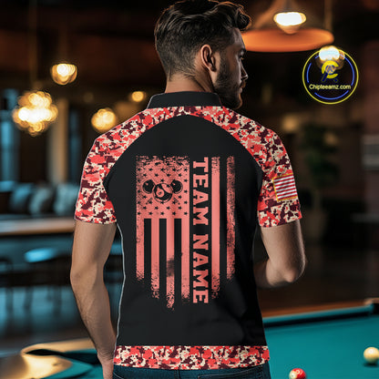 Personalized Red Camo US Flag Billiard Shirts For Men Custom Pool Team Jersey Polo & Quarter Zip TDM7715