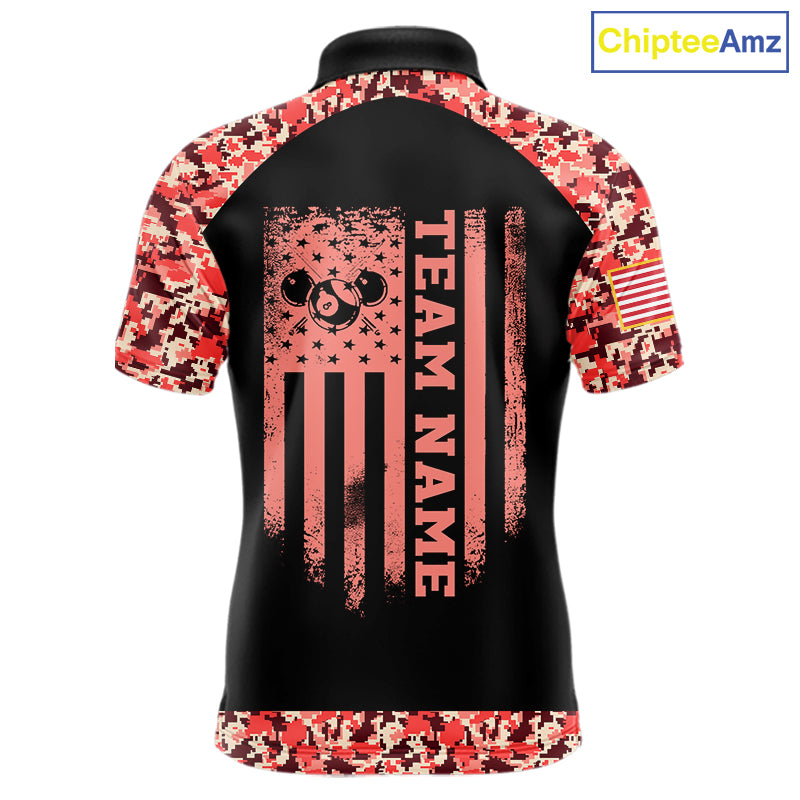 Personalized Red Camo US Flag Billiard Shirts For Men Custom Pool Team Jersey Polo & Quarter Zip TDM7715
