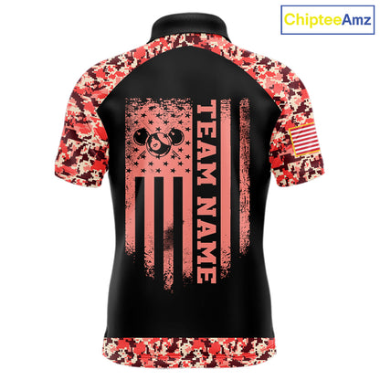 Personalized Red Camo US Flag Billiard Shirts For Men Custom Pool Team Jersey Polo & Quarter Zip TDM7715