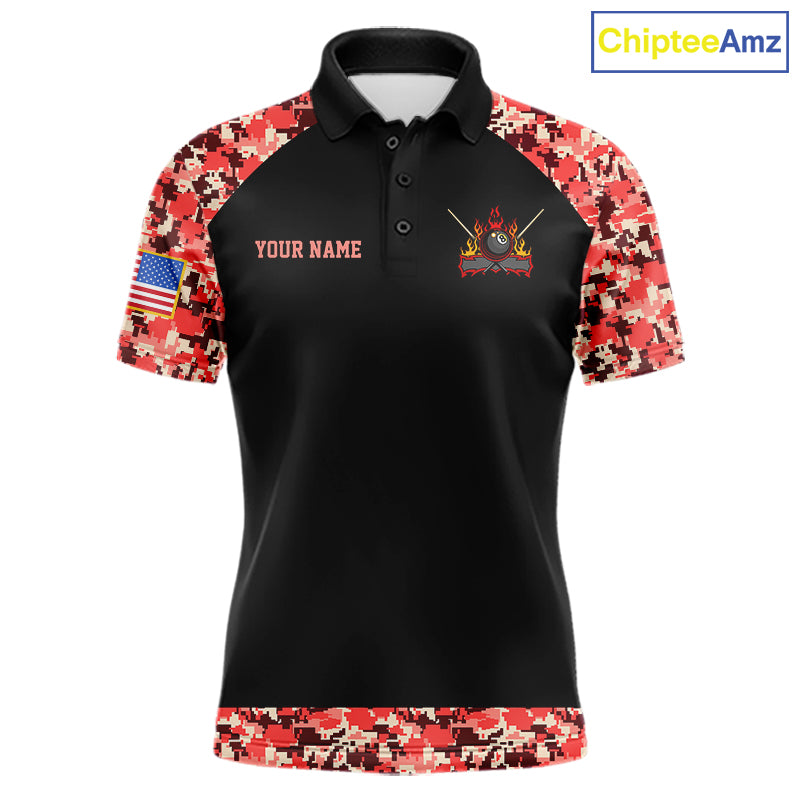 Personalized Red Camo US Flag Billiard Shirts For Men Custom Pool Team Jersey Polo & Quarter Zip TDM7715