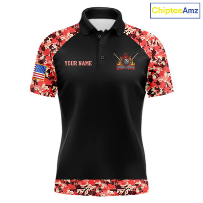 Personalized Red Camo US Flag Billiard Shirts For Men Custom Pool Team Jersey Polo & Quarter Zip TDM7715