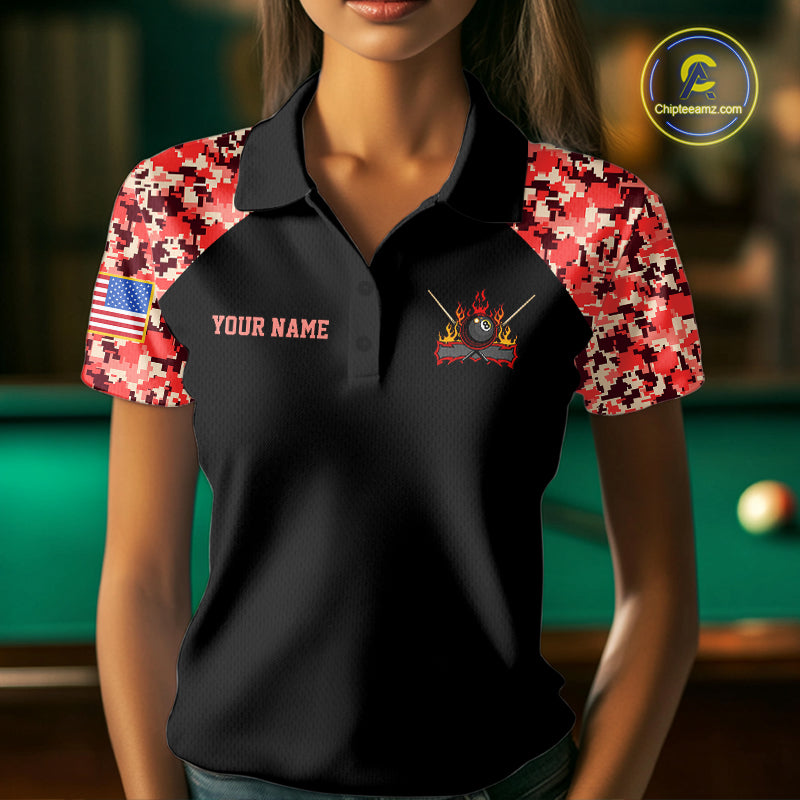 Personalized Red Camo US Flag Billiard Shirts For Women Custom Pool Team Jersey Polo & Quarter Zip TDM7715