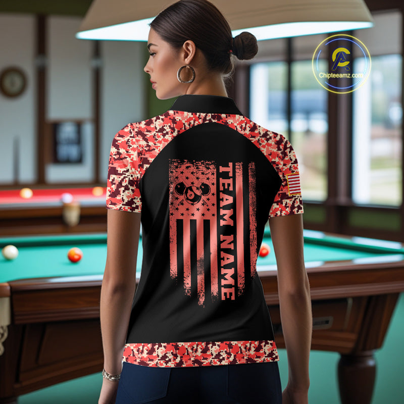 Personalized Red Camo US Flag Billiard Shirts For Women Custom Pool Team Jersey Polo & Quarter Zip TDM7715