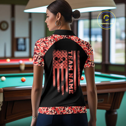 Personalized Red Camo US Flag Billiard Shirts For Women Custom Pool Team Jersey Polo & Quarter Zip TDM7715