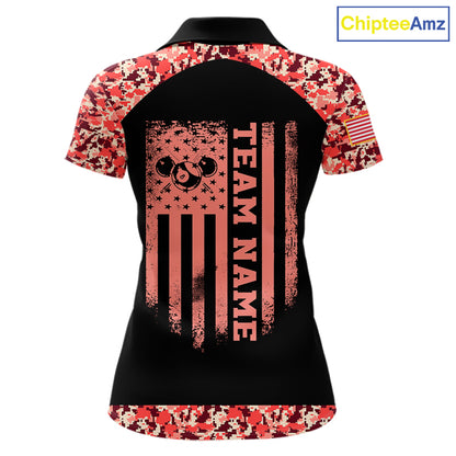 Personalized Red Camo US Flag Billiard Shirts For Women Custom Pool Team Jersey Polo & Quarter Zip TDM7715