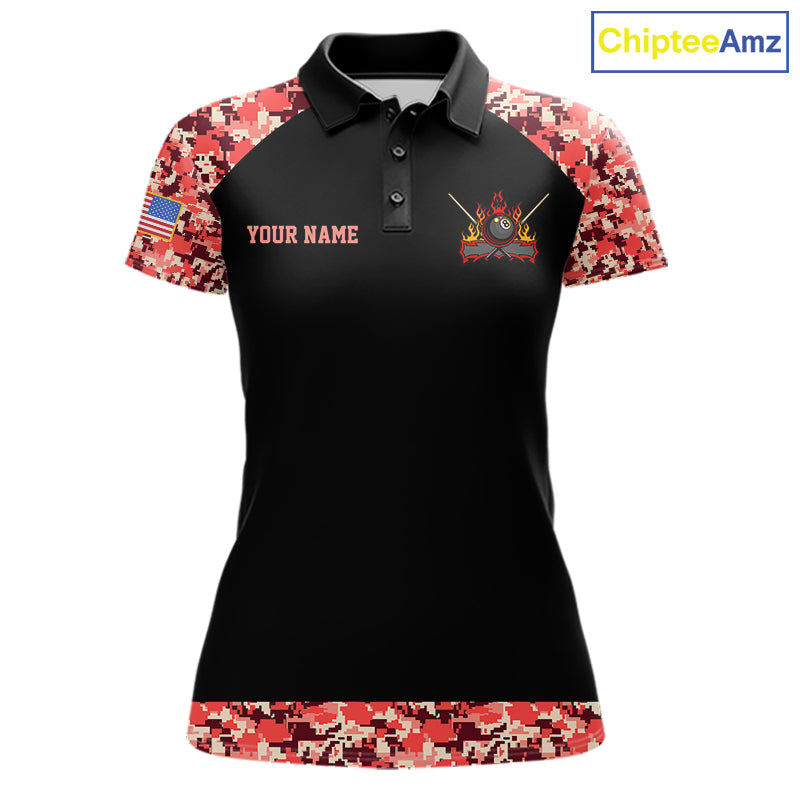 Personalized Red Camo US Flag Billiard Shirts For Women Custom Pool Team Jersey Polo & Quarter Zip TDM7715